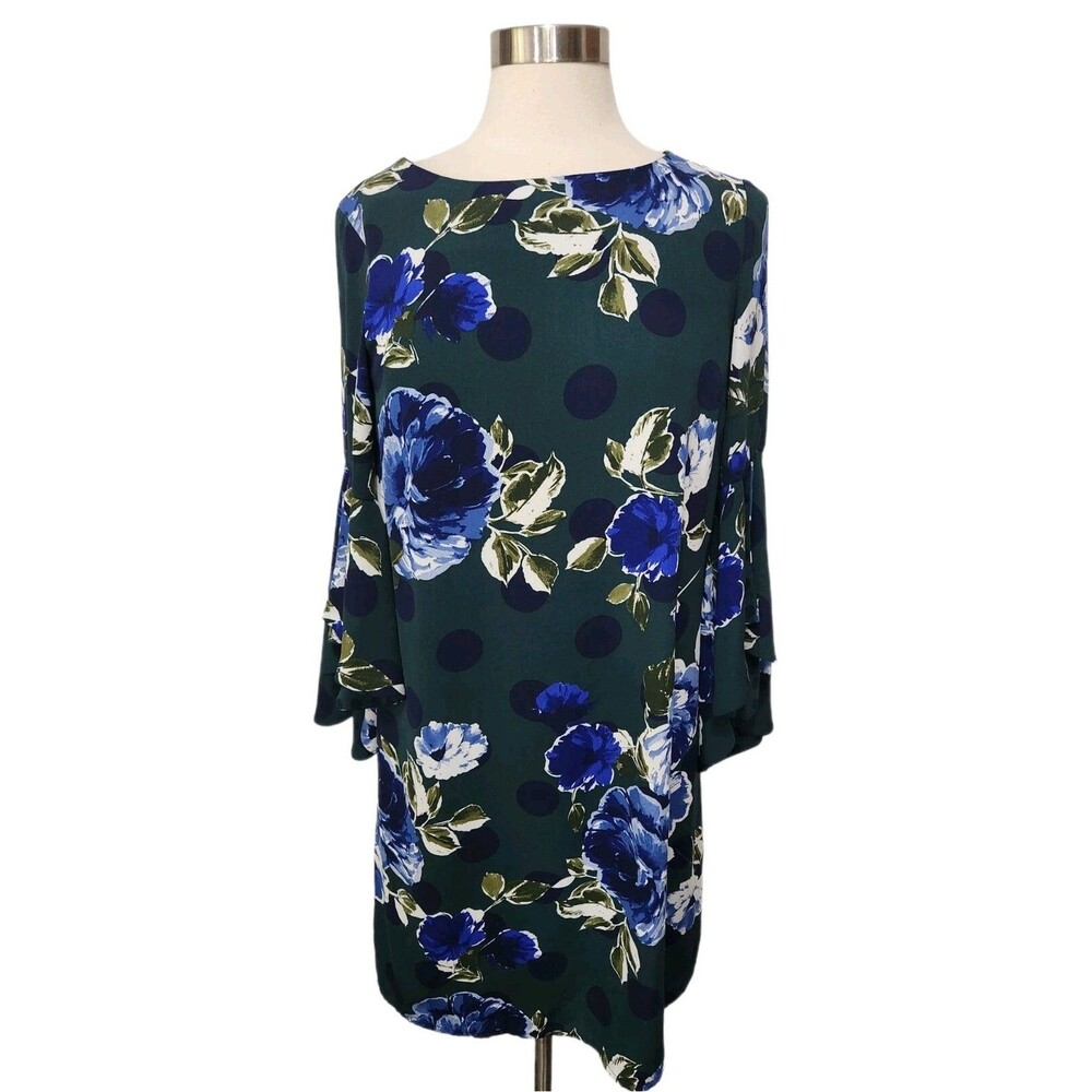 C EST 1946 Womens Dress SMALL Green Blue Floral Shift  Bell Slv Pullover Lined